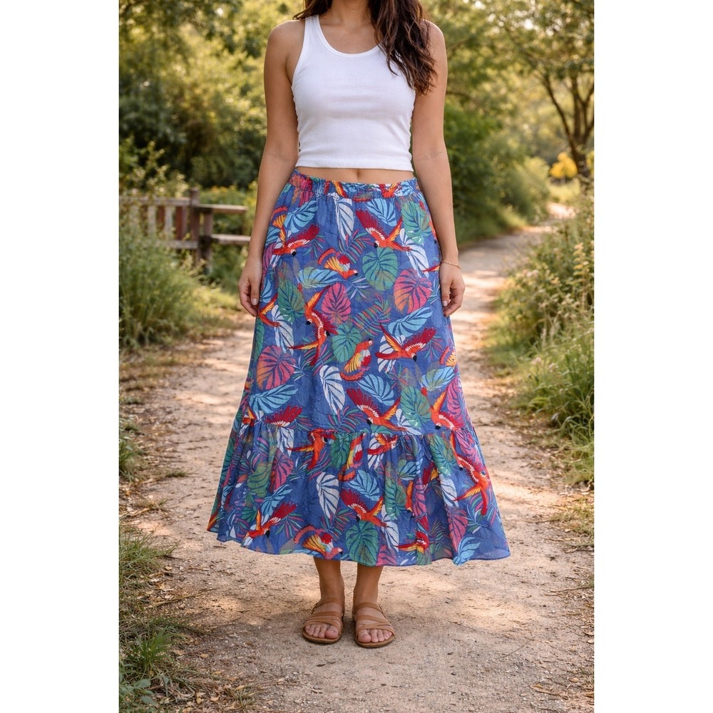 Talbots Maxi Skirt‎ Tropical Parrots Leaves Blue XL Elastic Waist Ruffle Hem